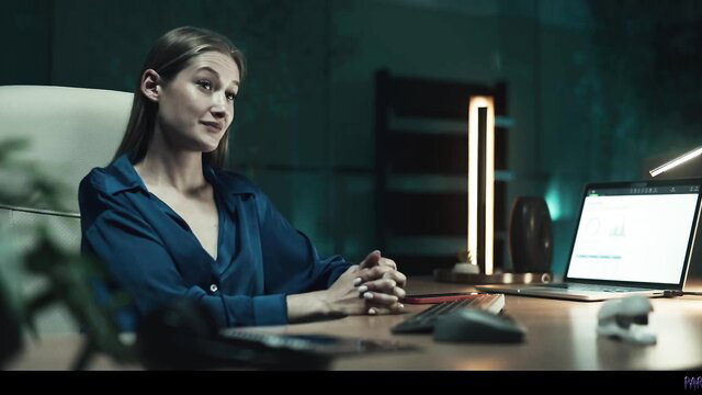 Bunny Brownie in silky deep blue blouse, smiling seductively at desk