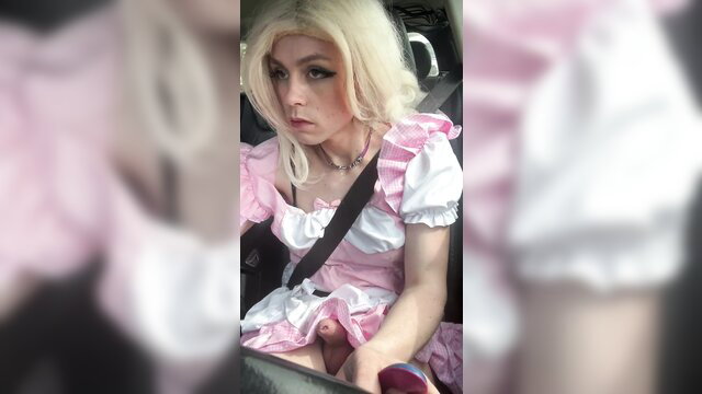 Blonde trans babe in pink dress carsolo wanks hard to cum