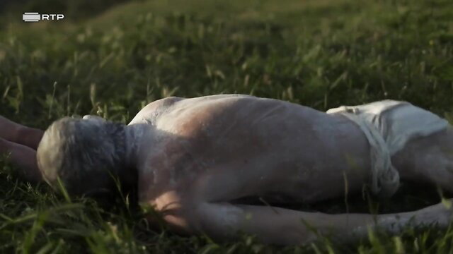 Sara Mercier nude in diaper lying dead on grass - Finisterra 2025