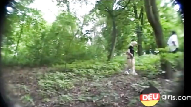 Slutty Deutsch blonde Bea in forest, sexy shorts and top outdoors