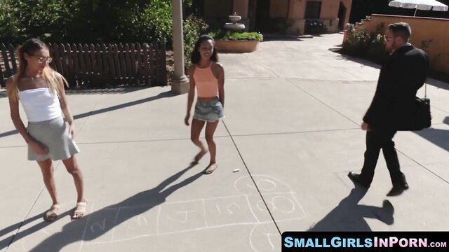 Aria Skye and Latina teen friends in skimpy skirts outdoors
