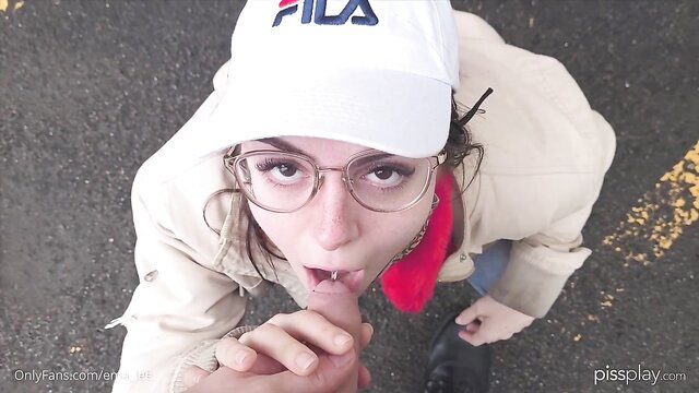 Emma Lee in Fila hat licks cock POV in piss compilation thumbnail