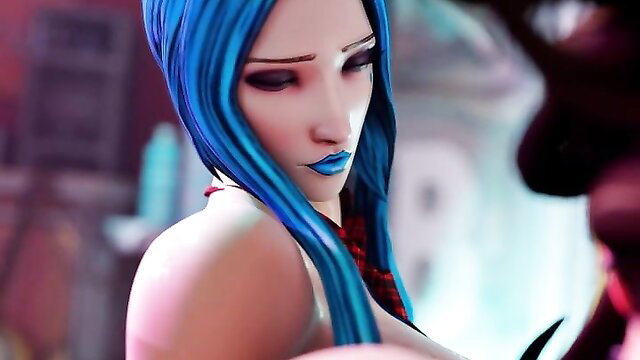 Blue-haired siren with huge tits kissed by man in bar scene