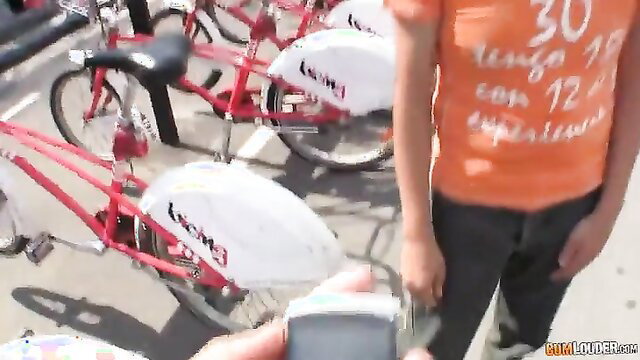 Amateur boy with Latina Noemí Jolie at bike rack outdoor tease