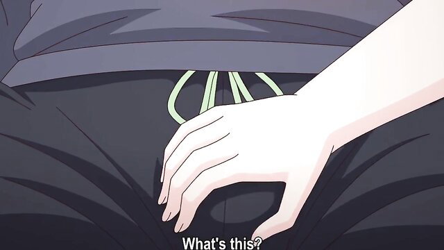 Busty anime milf hand grips glowing cock in pants, asks 'What's this?' hentai scene