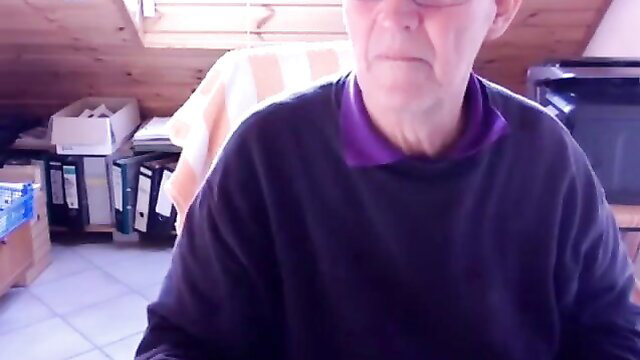 74yo German silver daddy in purple shirt, elderly face closeup