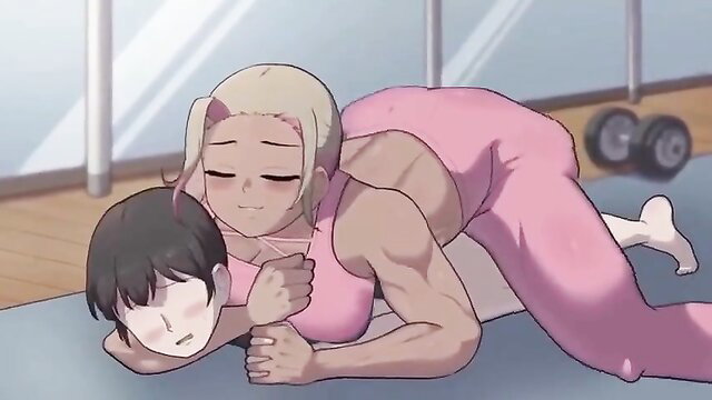 Blonde futa woman rapes femboy in gym hold, muscular bodybuilder dominatrix