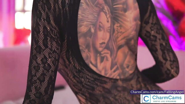 FallingAngel back tattoo in sexy lace lingerie at CharmCams