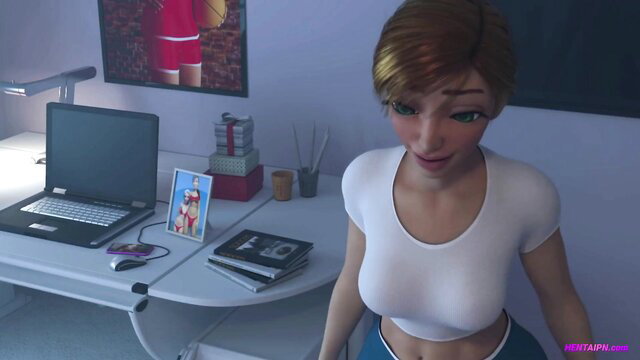 Teen dickgirl in tight white crop top at desk loses virginity 3D porn