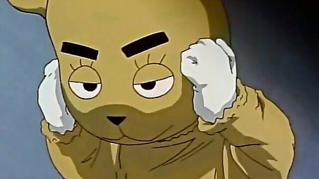 Kakyuusei Ep.9 anime bear mascot in gloves, sleepy expression