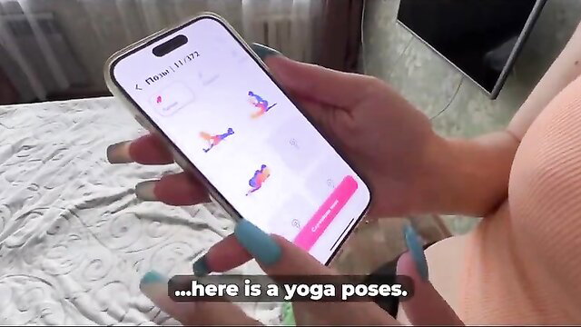 Milfetta shows yoga poses on phone in tight top, big tits spilling out