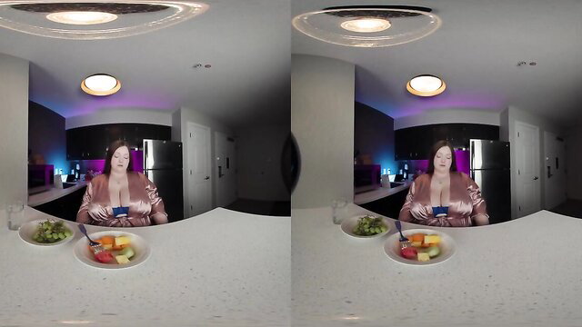 Rayna Belle BBW in pink dress eating fruit solo VR kitchen