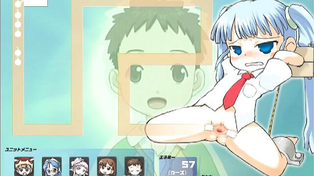 Blue-haired loli in school uniform exposes pussy in Shizumori Defense game scene