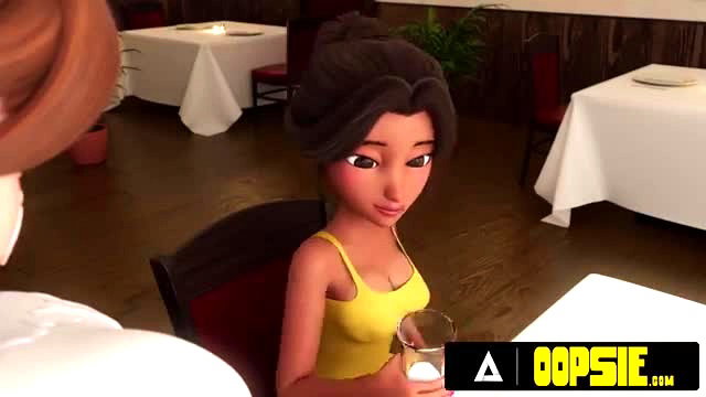 3D animated Asian waitress in yellow top at table on date