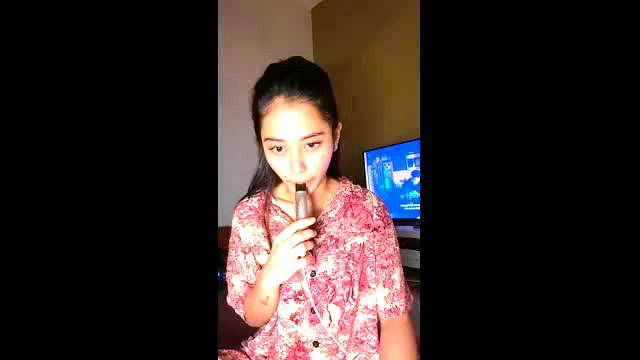 Asian girl Sasa smoking vape in floral dress, viral live