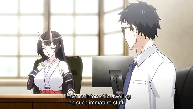 Enjo Kouhai black-haired demon girl in sexy miko outfit at office desk