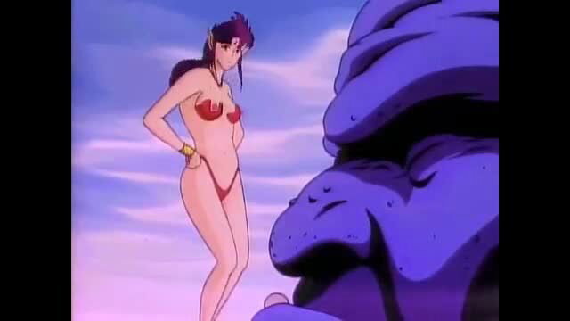 Anime elf babe in red slingshot bikini poses by giant monster cock