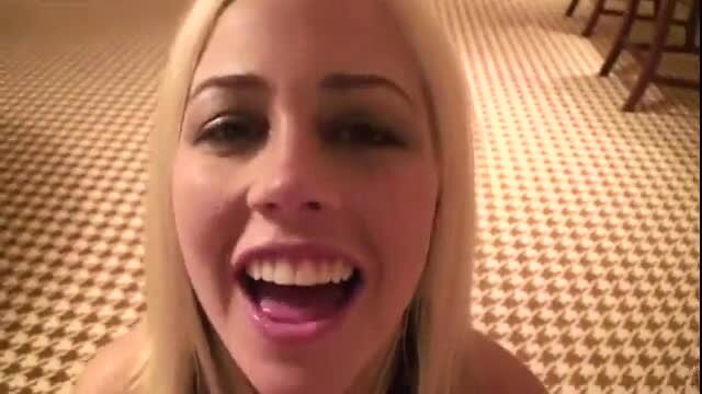 Blonde Kitty Bella smiles wide open mouth in hot threesome thumbnail