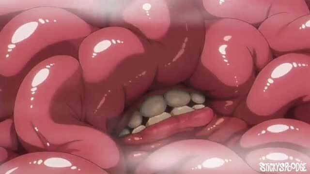 Anime hentai girl with massive gaping pussy teeth devoured by thick red tentacles