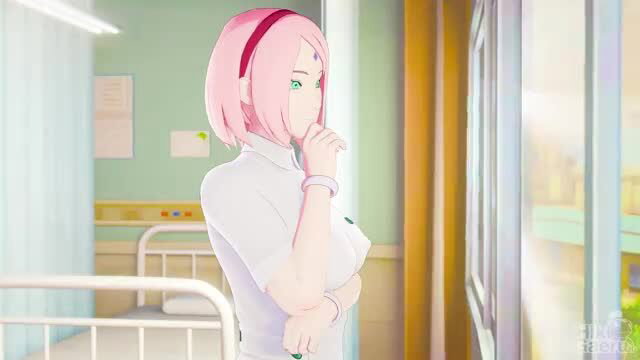 Sakura Haruno in nurse outfit at hospital, pink hair beauty by HIKIGAERU3D