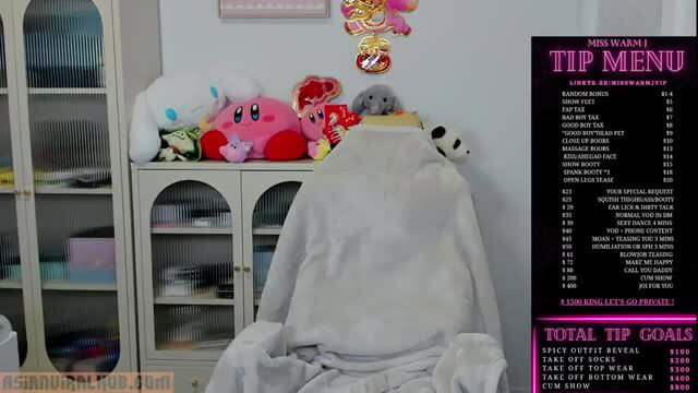 Misswarmj in fluffy robe with Kirbys, pink tip menu striptease
