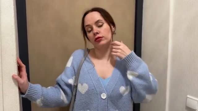 Russian Mommy in sexy blue cloud heart cardigan, teasing pose