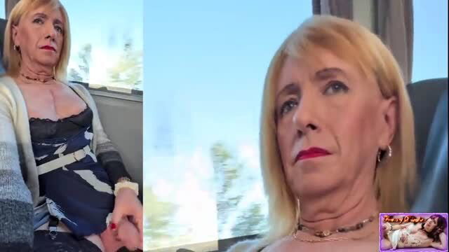 Blonde trans woman on bus exposing her cock and balls