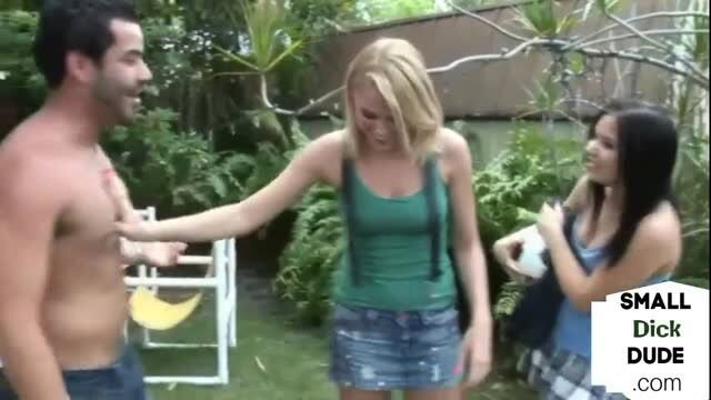 Blonde teen and brunette jerking small dick guy outdoors in threesome