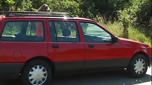 Busty woman in red top posing on roof of red station wagon