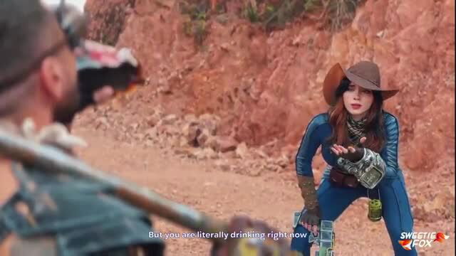 Sweetie Fox Fallout cosplay porn, blue jumpsuit cowgirl hat water begging scene