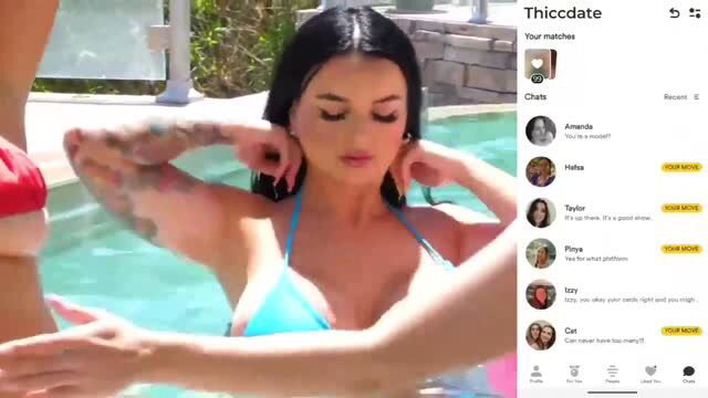 Busty brunette in blue bikini at pool with muscular tattooed man, BBC Rampage thumbnail